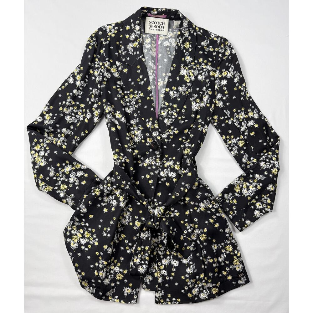 Scotch Soda NWOT Womens Floral Print Blazer Black Yellow White Tie Waist Sz S